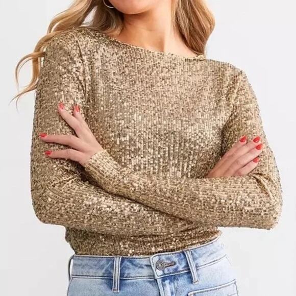NEW Intimately Free People Gold Rush Sequin Shirt Glam Maximalist Women Small - Picture 1 of 13